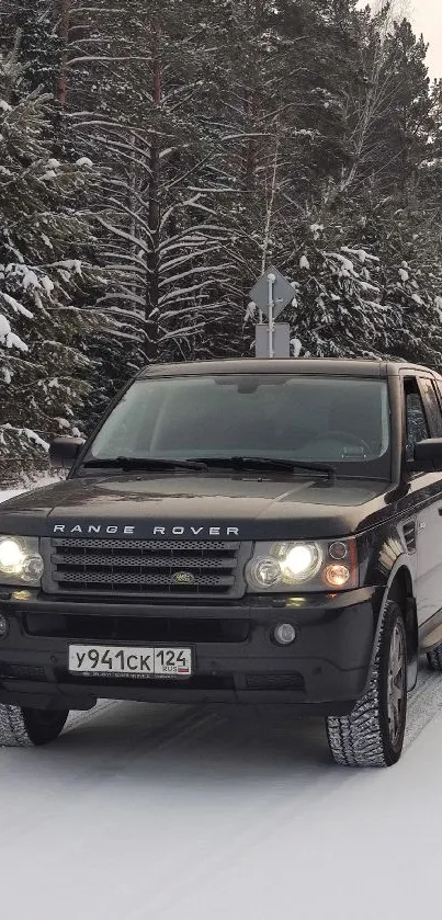 A Range Rover on a snowy forest road, capturing winter adventure.