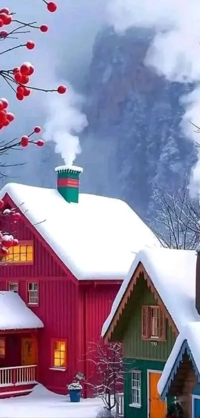 Winter scene with red house and snow-covered trees.