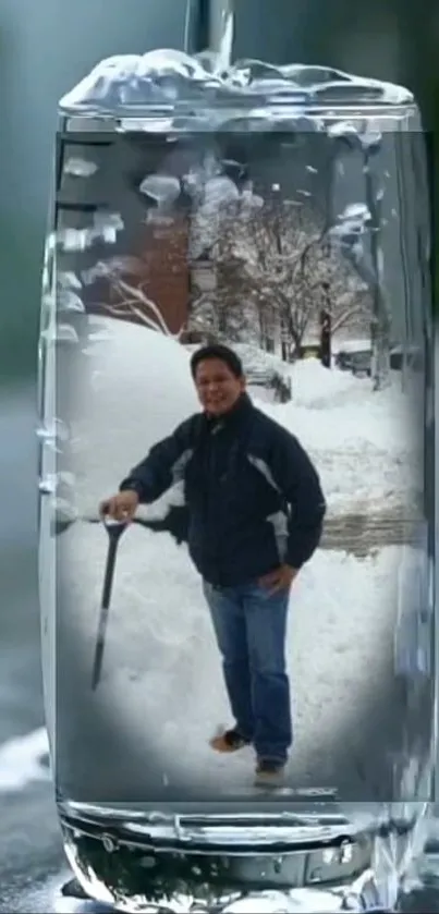 Person in snowy reflection within glass.