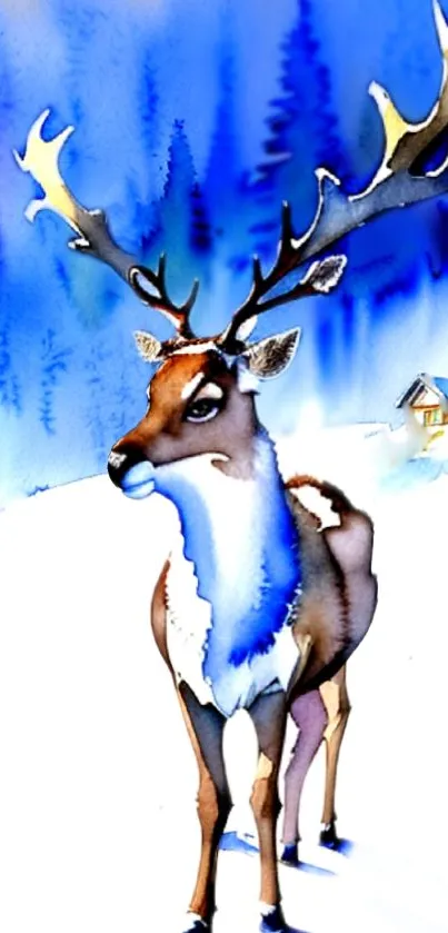 A watercolor reindeer in a snowy, blue forest landscape.