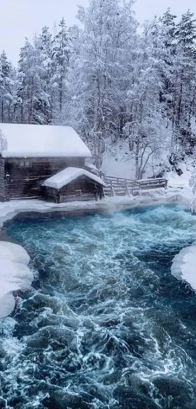 Winter cabin by flowing icy river with snowy trees.