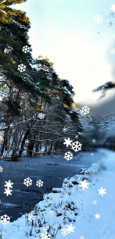 Winter scene with snowflakes near a serene river and frosty forest.