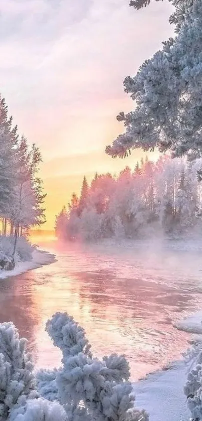 Winter sunrise over a frosty river with snow-covered trees.