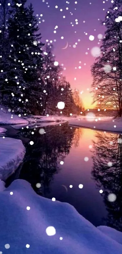 Purple winter river at twilight with snow and crescent moon in serene landscape.