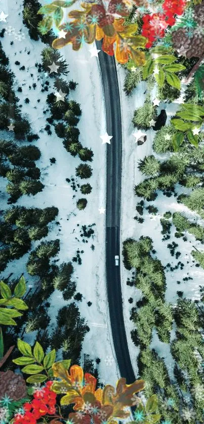 Scenic winter road through green forest with colorful seasonal border.