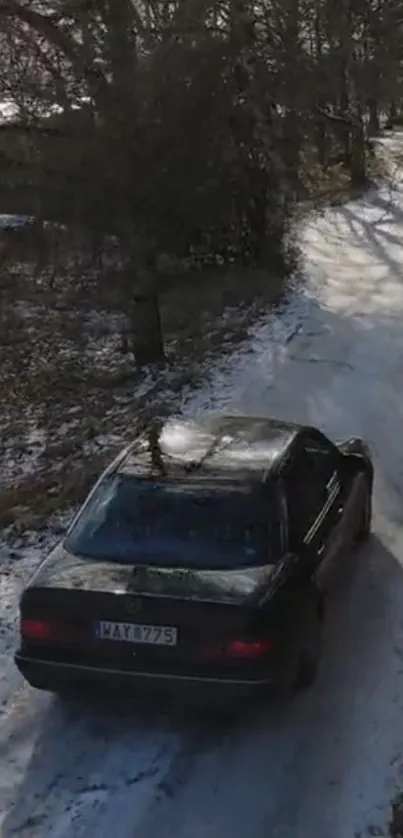 Car driving on a snowy forest road during winter.