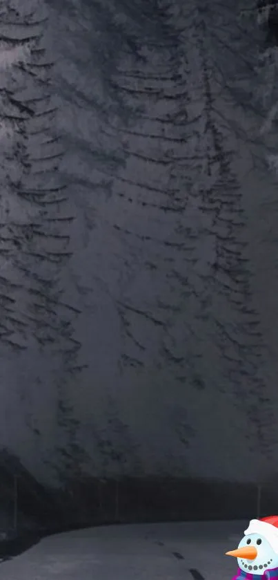 Winter road with snowy trees and festive snowman.