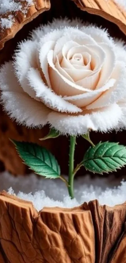 A snow-covered rose inside a wooden shell.