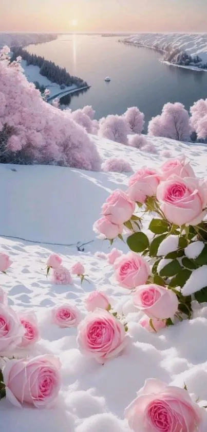 Winter scene with pink roses in snow by a river.