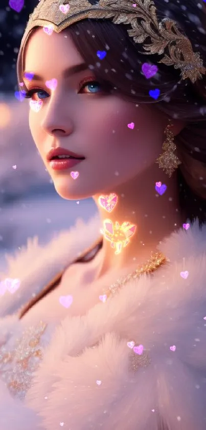 Regal woman in snow with golden crown and fur, elegant winter scene.