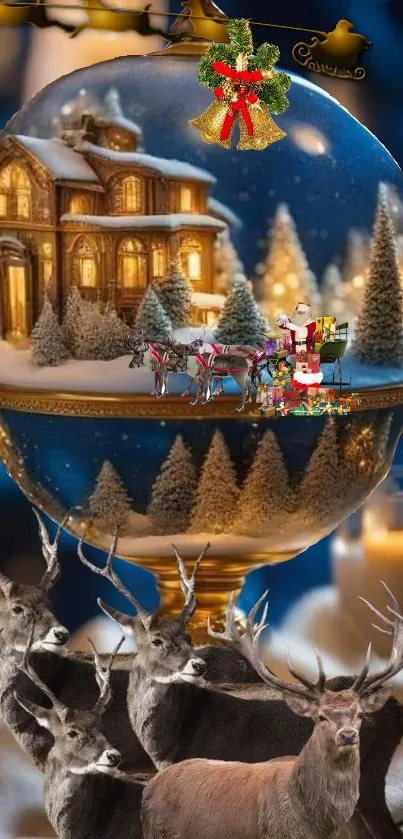 Snow globe with winter scene and golden accents in candlelight.