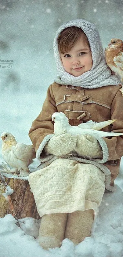 Child in cozy winter attire with birds in snowy setting.