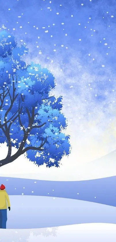 Blue winter tree in snowy landscape wallpaper.