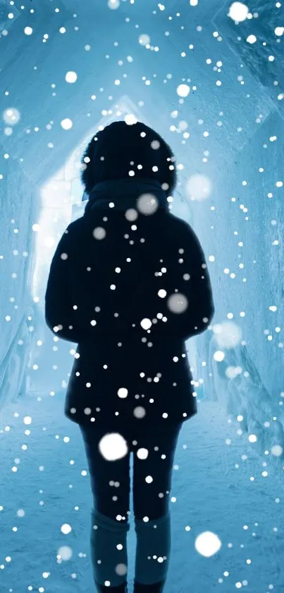 Winter silhouette with falling snow wallpaper for mobile.