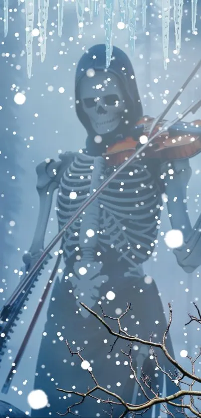 Skeleton violinist in a snowy winter scene with icy branches.