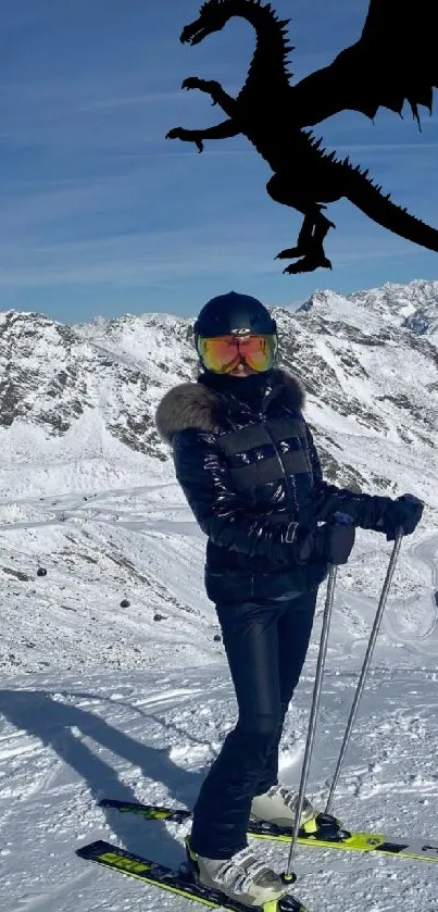 Skier on snow with black dragon in blue sky.