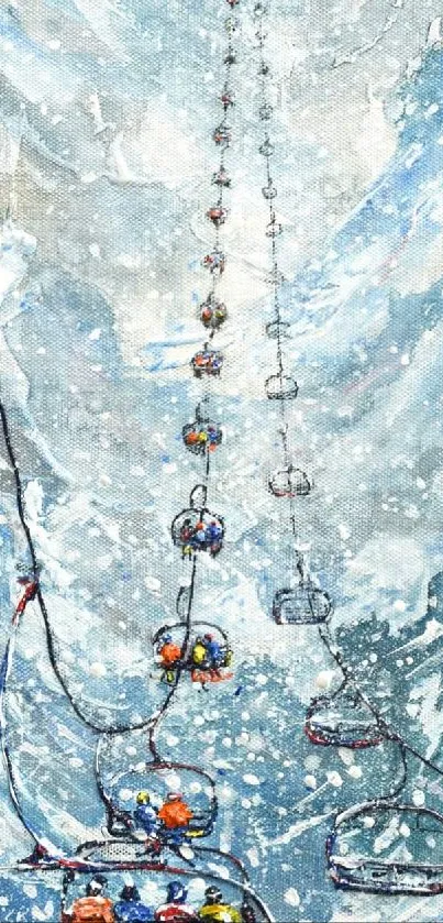 Ski lift ascending through a snowy mountain landscape.