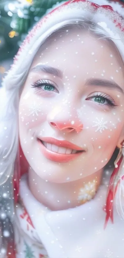 Magical winter portrait with snowflakes and festive colors.