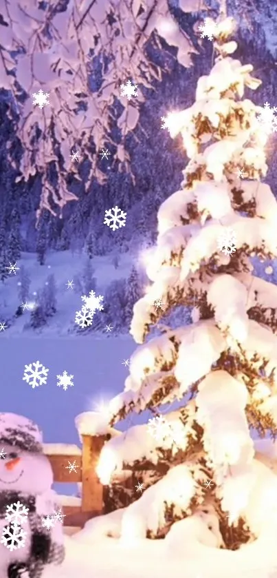 Snowy Christmas tree with a winter backdrop.