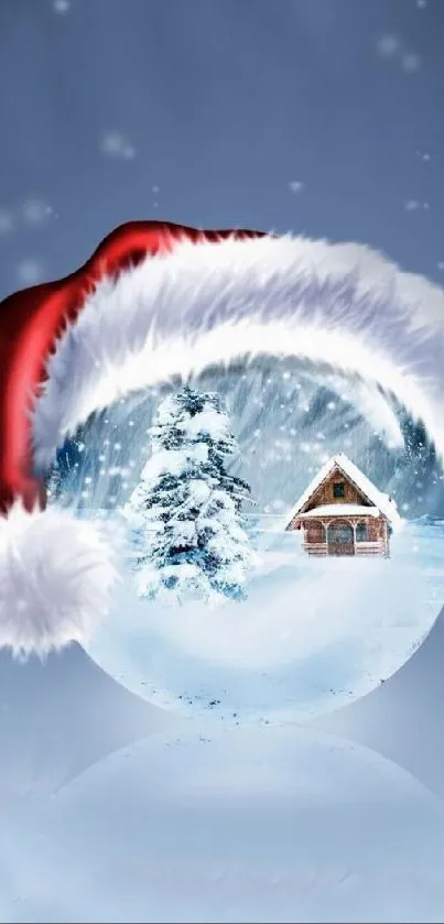 Mobile wallpaper with a winter snow globe featuring a cabin and Santa hat.