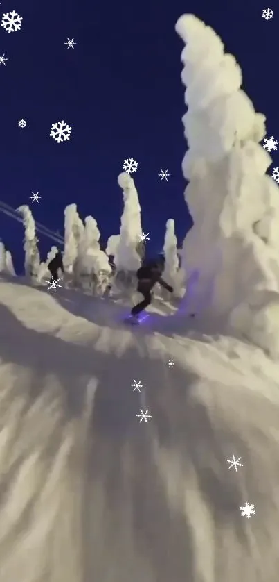 Snowboarder under snow-laden trees in a starry winter landscape.