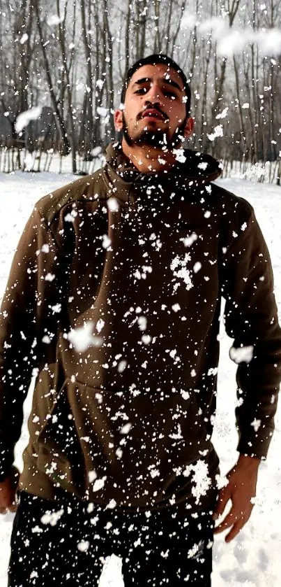 Man standing in a snowy forest with falling snowflakes