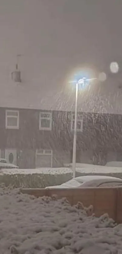 Winter night with heavy snowfall and a glowing street lamp.