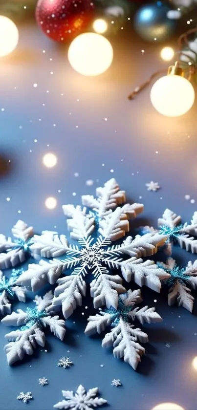 Snowflake with festive lights on blue background.