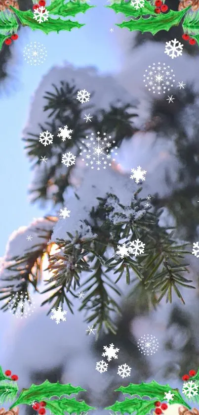 Snow-covered branches with festive border and snowflakes.