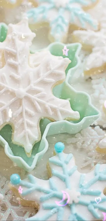 Snowflake-themed cookies with blue and white icing creating a festive ambiance.