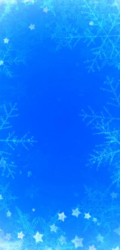 Blue wallpaper with snowflakes and stars.