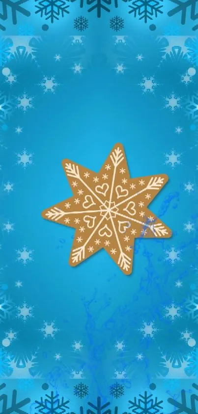 Festive blue wallpaper with a gingerbread star and snowflake pattern.