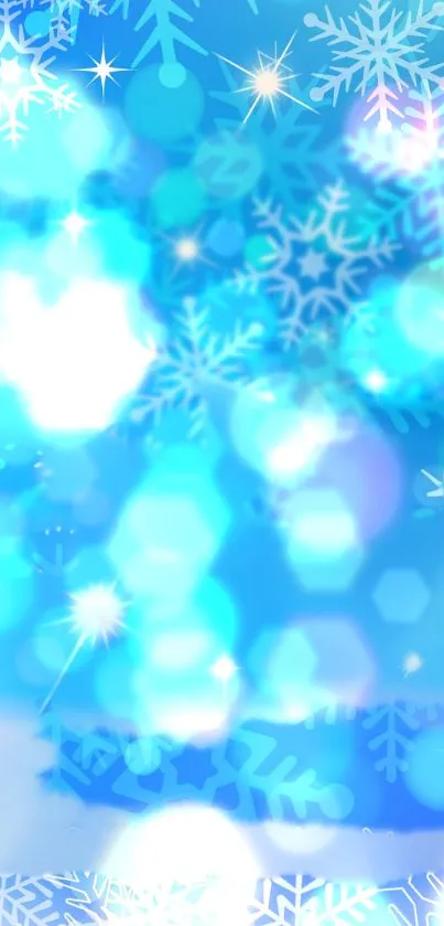 Blue bokeh and snowflakes mobile wallpaper with a winter glow.