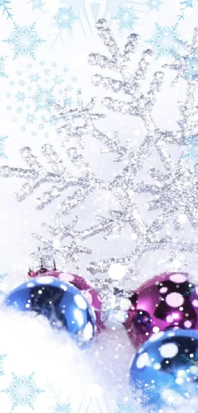 Snowflake and ornament winter wallpaper with festive decor.