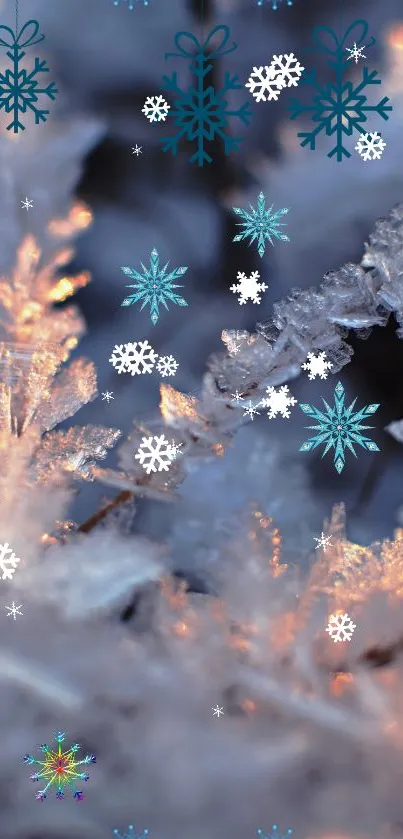 Winter-themed phone wallpaper with snowflakes and ice crystals.