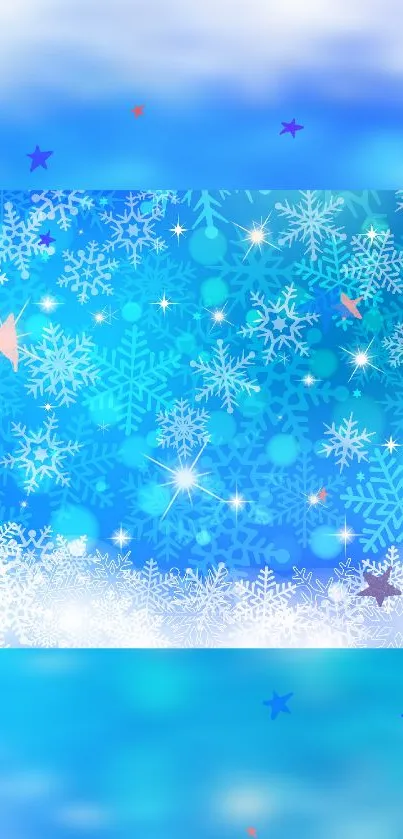 Blue snowflake pattern wallpaper with stars and winter theme.