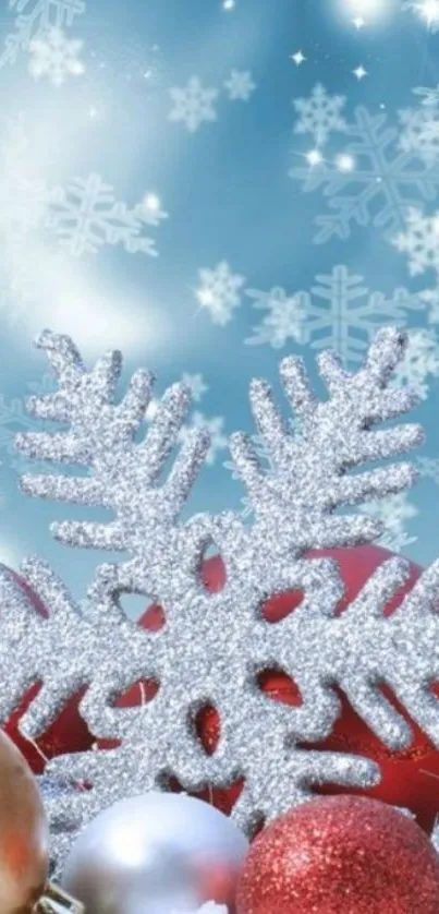 Silver snowflakes and ornaments on a blue winter background.