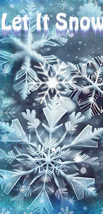 Intricate snowflakes on a blue winter background with 'Let It Snow' text.