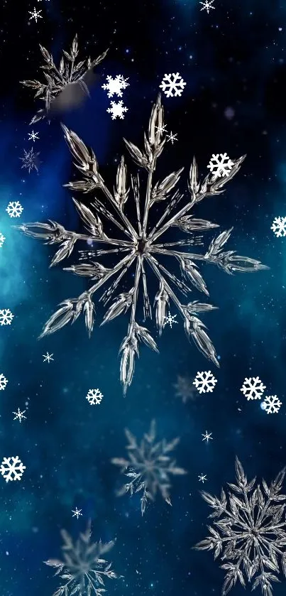 Intricate snowflakes on a blue background create a stunning winter phone wallpaper.