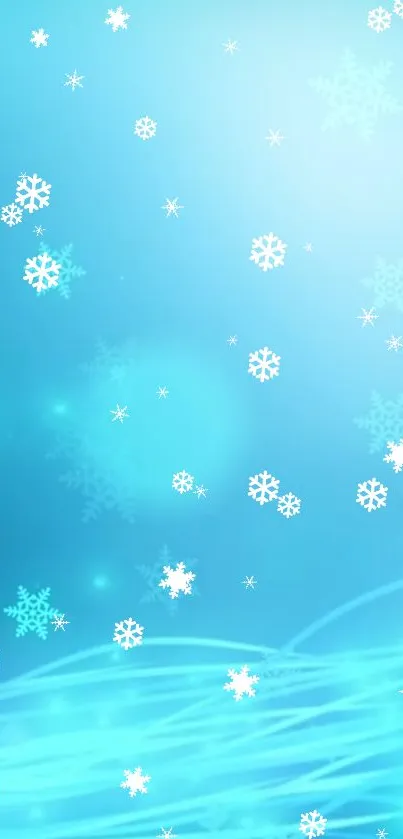 Blue and white snowflakes on a winter-themed phone wallpaper.