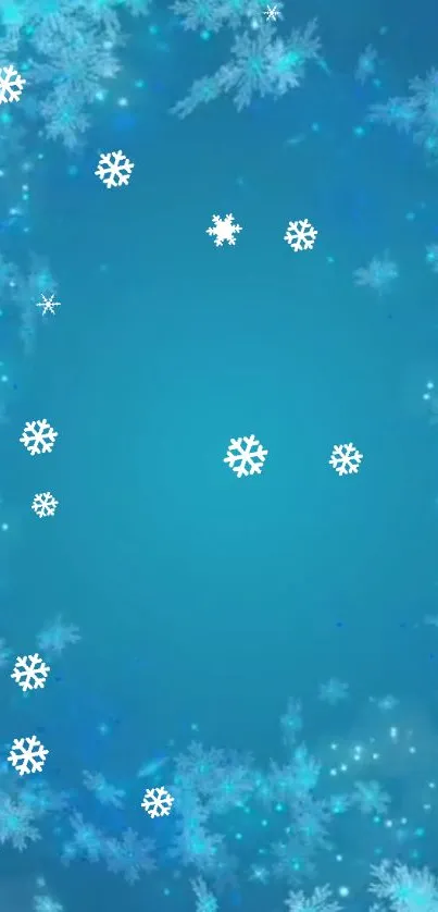 Icy blue winter wallpaper with snowflakes.