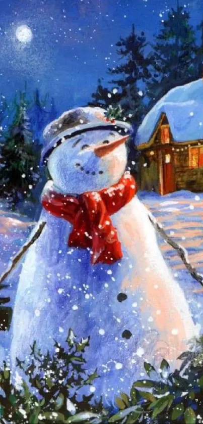 Snowman with red scarf in a snowy winter landscape.