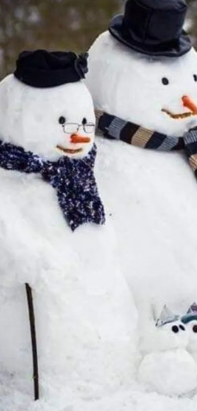 Snowman family wearing hats and scarves in winter setting.