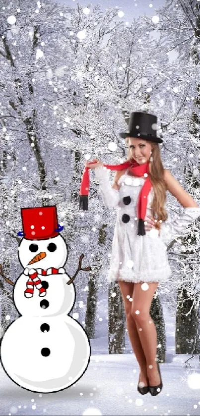 Snowy woodland with snowman and woman in a top hat.