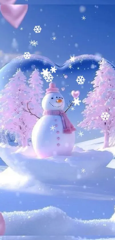 Snowman in heart-shaped snow globe, pink trees, winter wonderland.