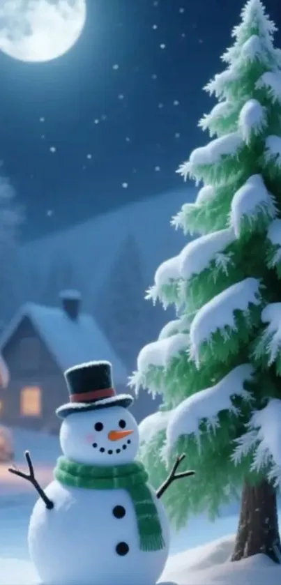A snowman under a starry winter night with a moonlit snowy landscape.