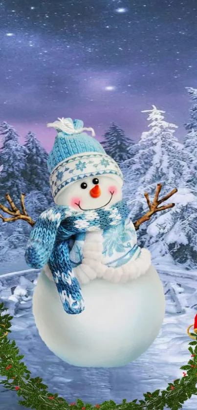 Cheerful snowman in a festive winter forest setting with blue and snowy elements.