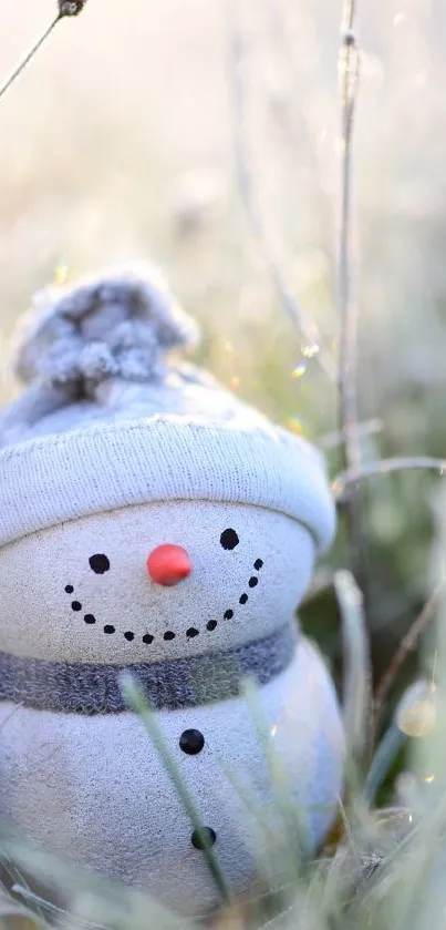 Charming snowman amidst frosty grass in winter.