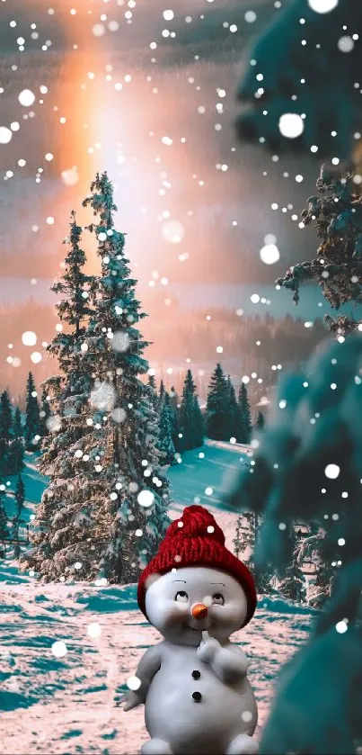 Snowman in a winter forest under a magical sky.