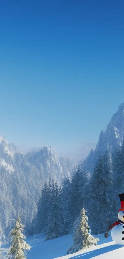 Snowman in a snowy mountain landscape with clear blue skies.